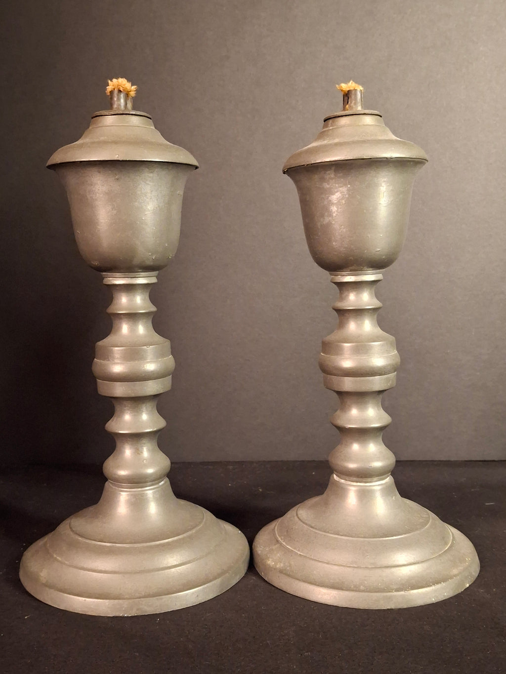 Pair Antique 1840s Freeman Porter Pewter Whale Oil Lamps Westbrook Maine No. 1