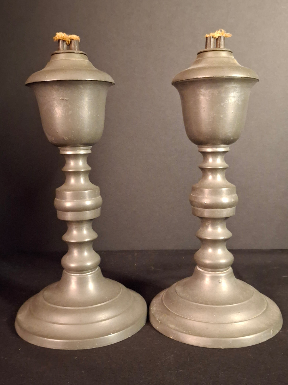 Pair Antique 1840s Freeman Porter Pewter Whale Oil Lamps Westbrook Maine No. 1