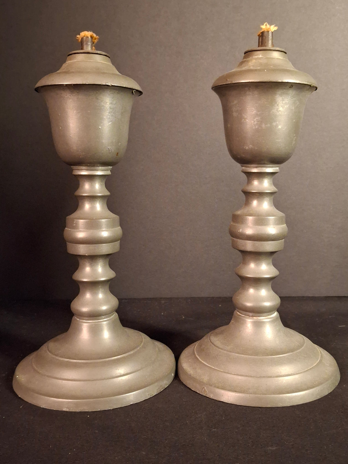 Pair Antique 1840s Freeman Porter Pewter Whale Oil Lamps Westbrook Maine No. 1