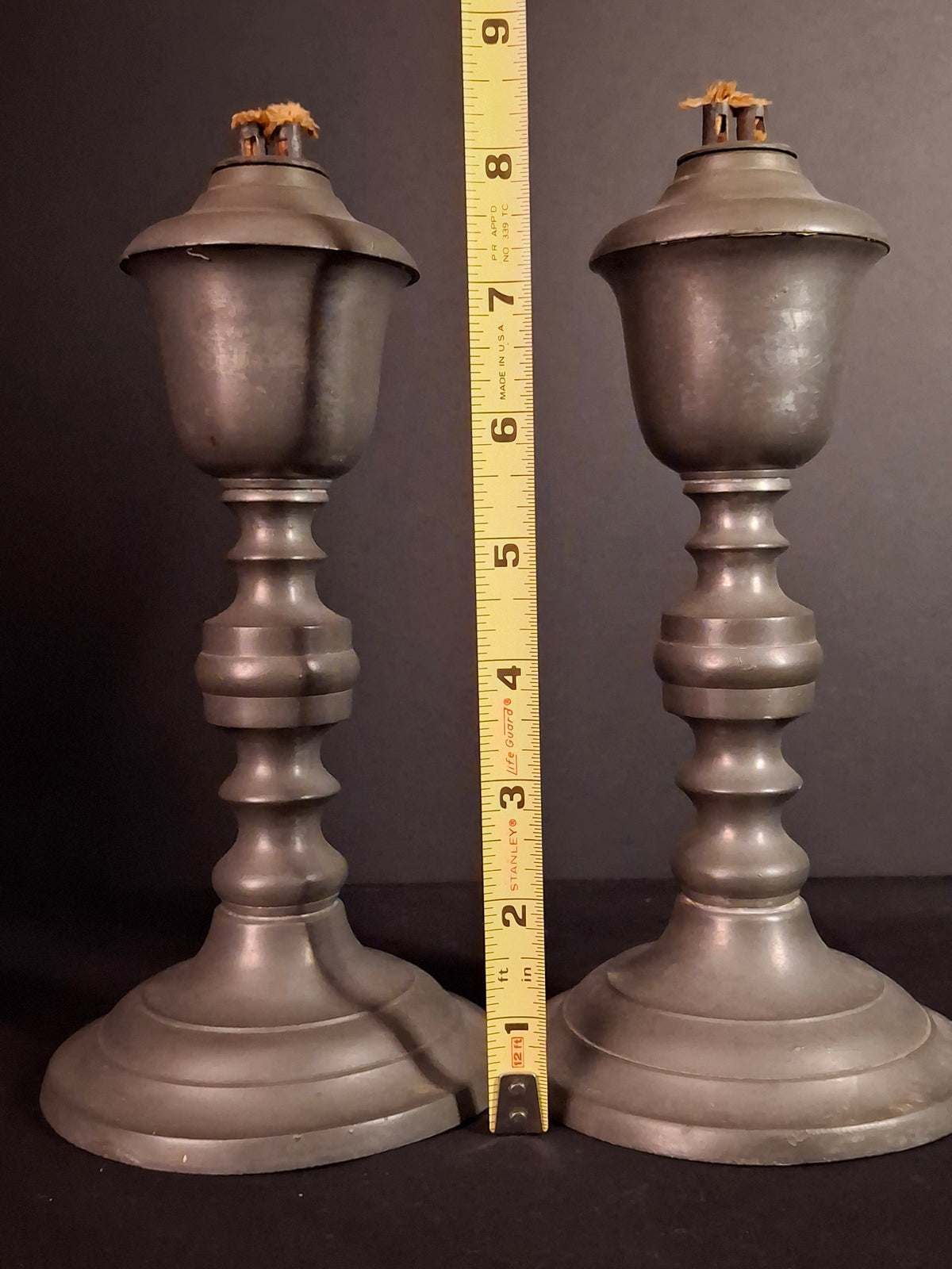 Pair Antique 1840s Freeman Porter Pewter Whale Oil Lamps Westbrook Maine No. 1