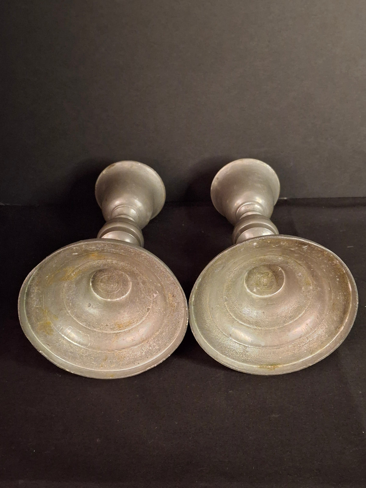 Pair Antique 1840s Freeman Porter Pewter Whale Oil Lamps Westbrook Maine No. 1