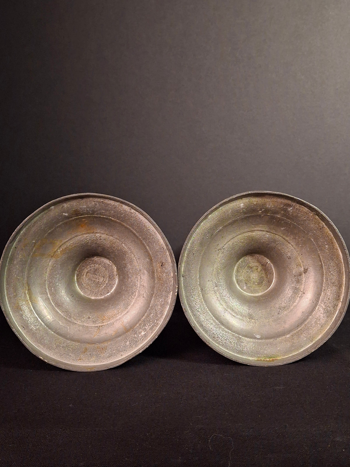 Pair Antique 1840s Freeman Porter Pewter Whale Oil Lamps Westbrook Maine No. 1