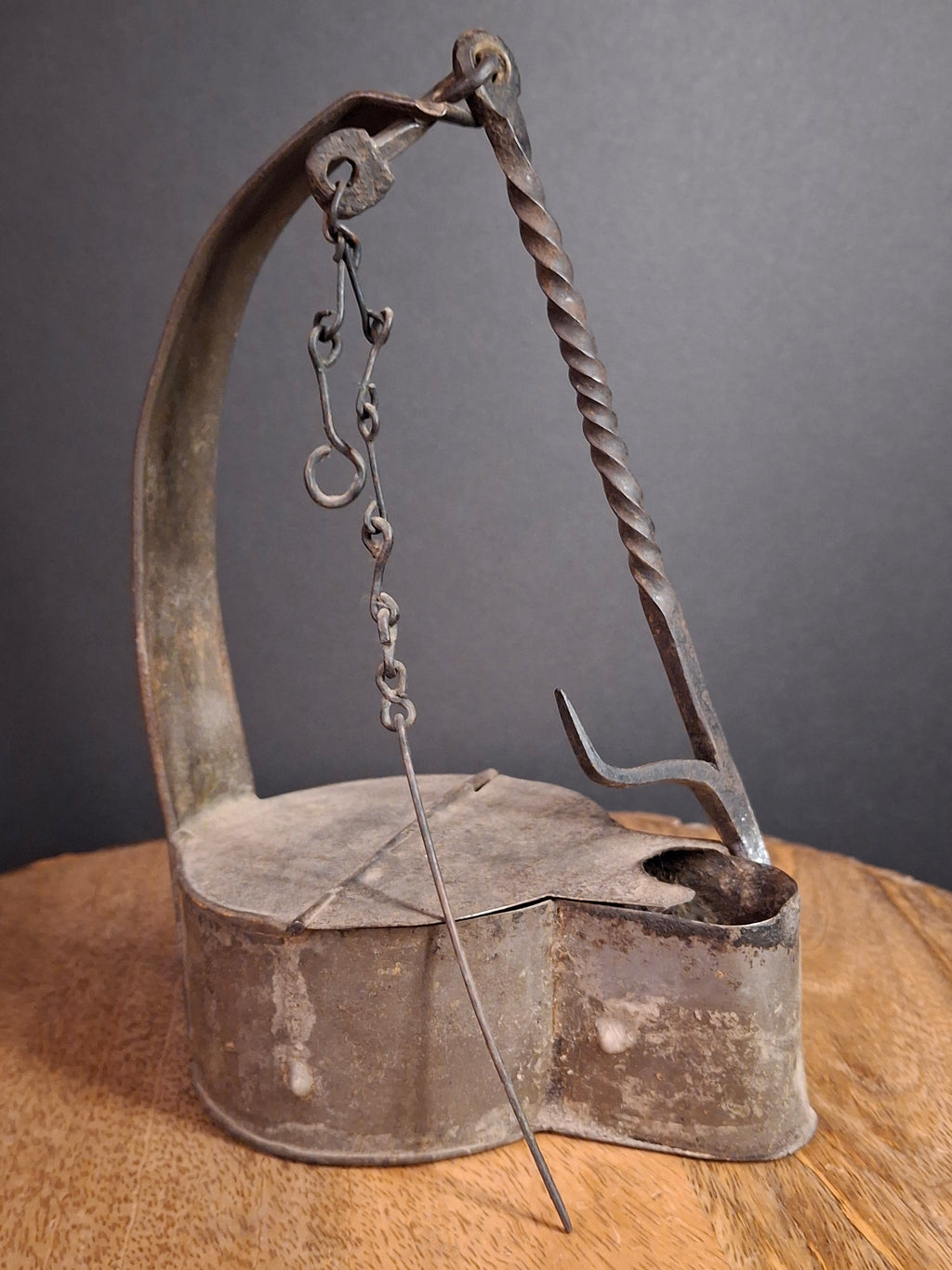 Large Antique Colonial Sheet Tin Betty Lamp Wrought Iron Twisted Hook Wick Pick C. 1820