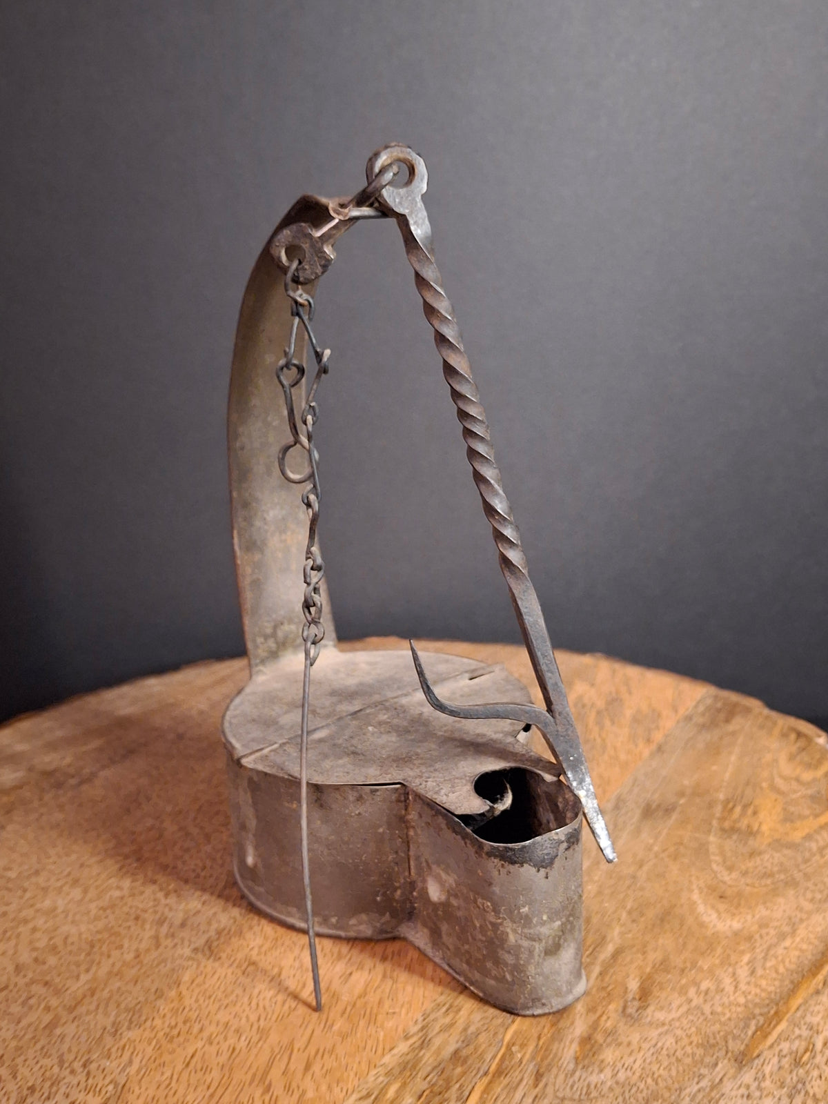 Large Antique Colonial Sheet Tin Betty Lamp Wrought Iron Twisted Hook Wick Pick C. 1820