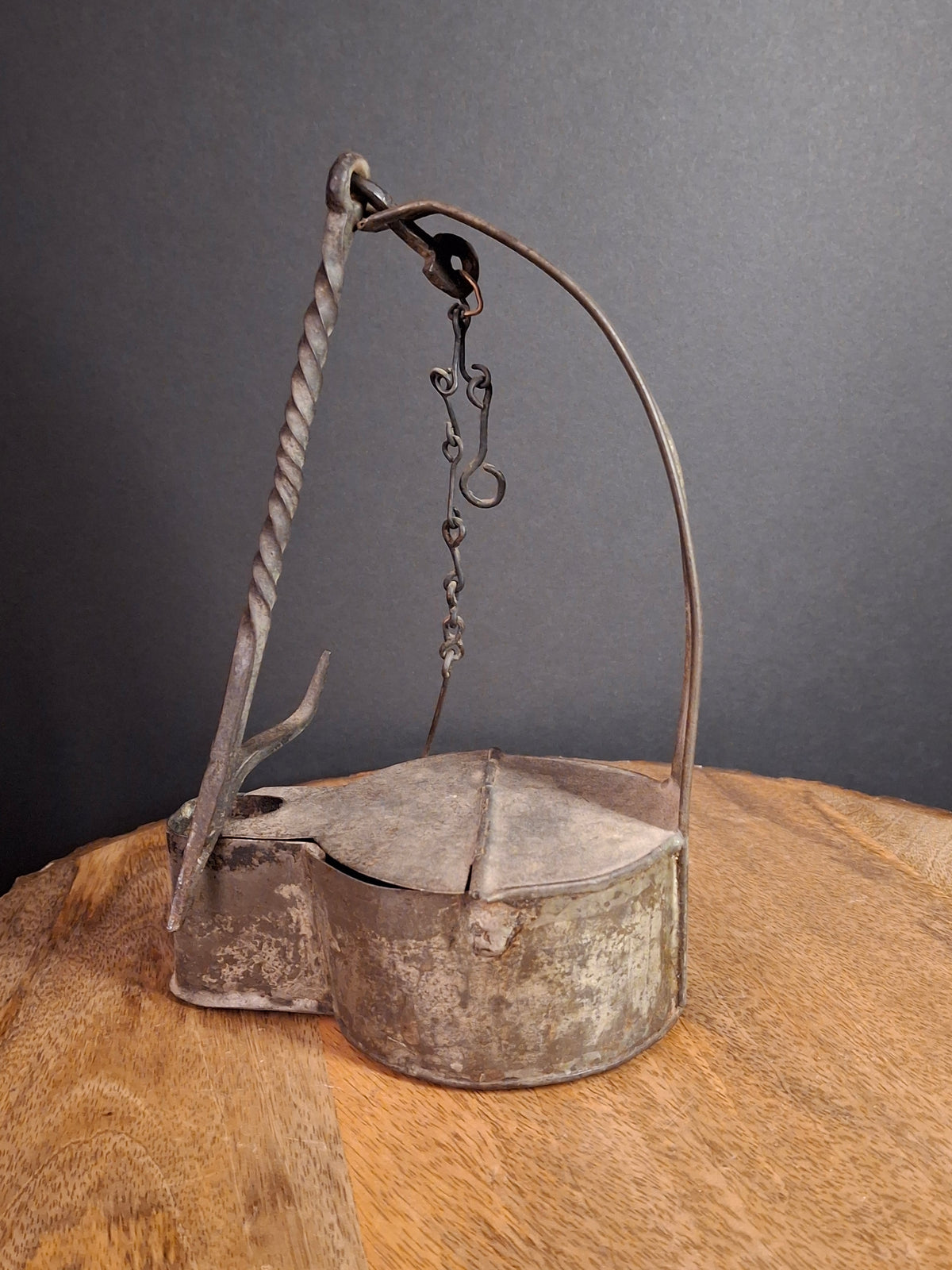 Large Antique Colonial Sheet Tin Betty Lamp Wrought Iron Twisted Hook Wick Pick C. 1820