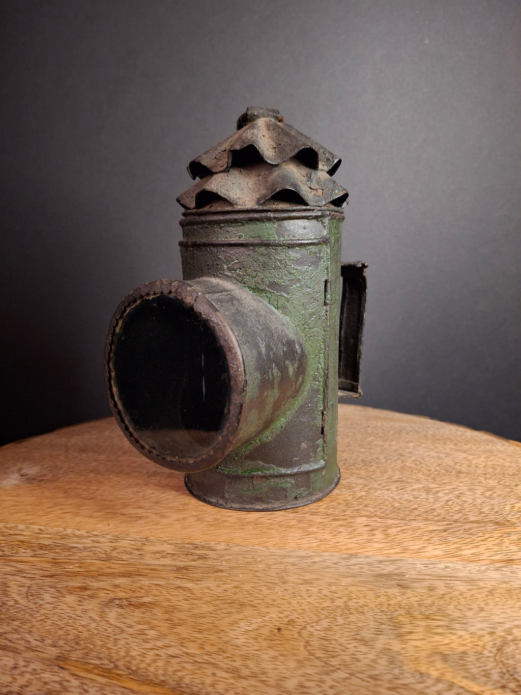 RARE Antique 19th Century Tin Bullseye Watchman Candle Lantern Crimped Green Paint Police Belt Lamp 7"