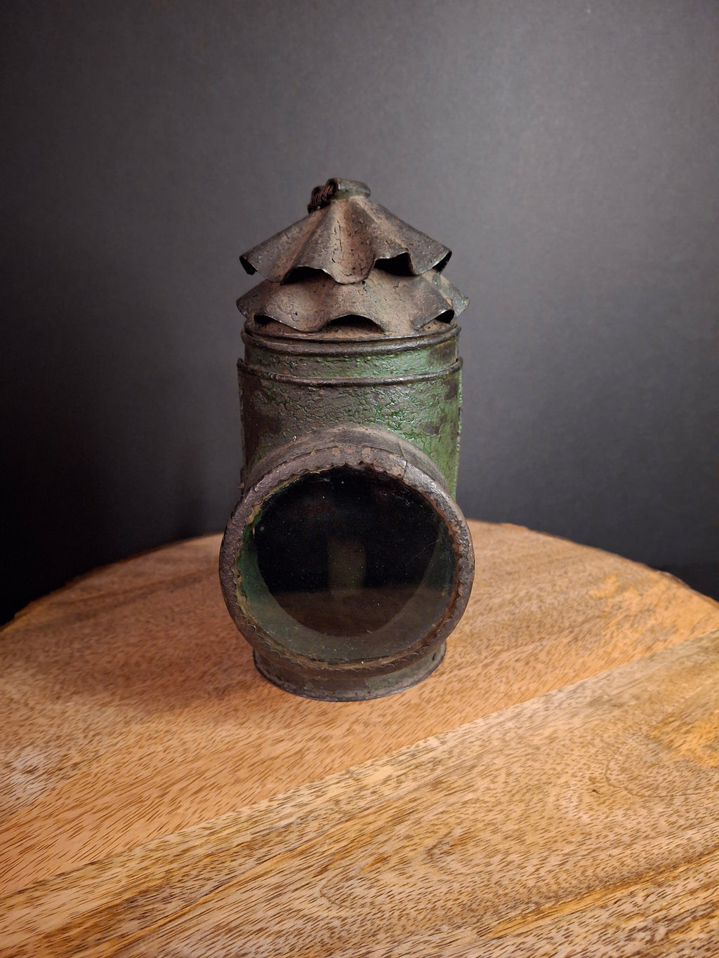 RARE Antique 19th Century Tin Bullseye Watchman Candle Lantern Crimped Green Paint Police Belt Lamp 7"