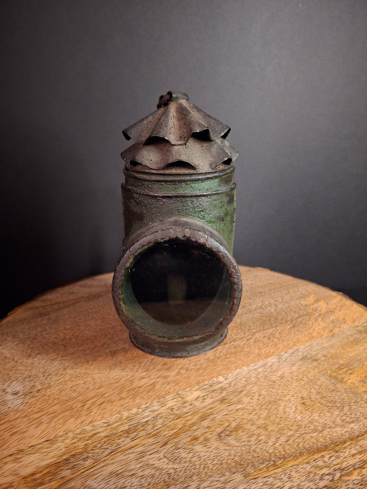 RARE Antique 19th Century Tin Bullseye Watchman Candle Lantern Crimped Green Paint Police Belt Lamp 7"
