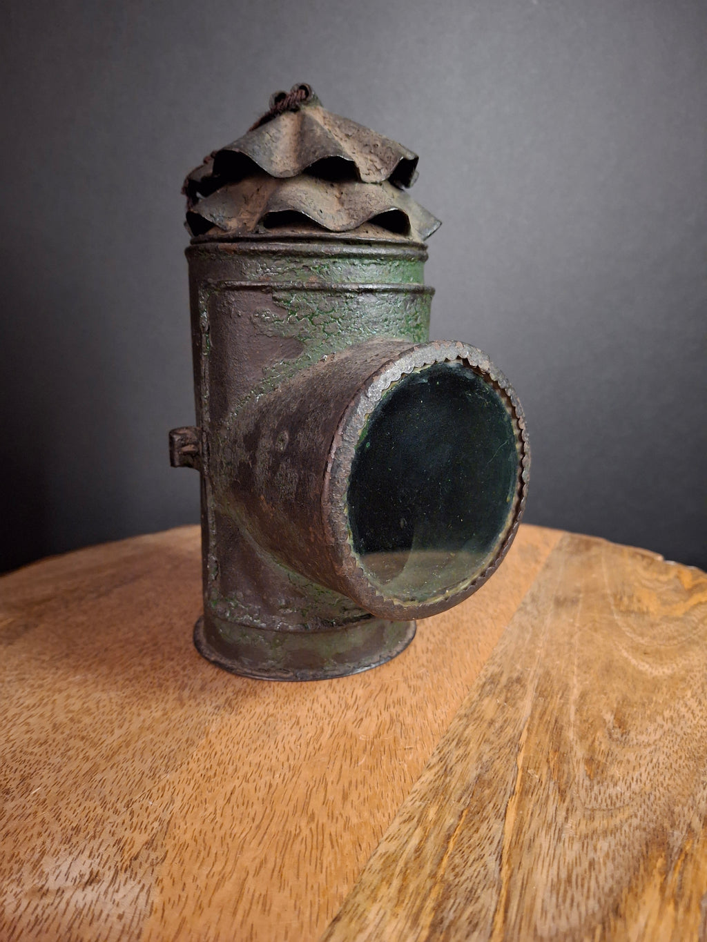 RARE Antique 19th Century Tin Bullseye Watchman Candle Lantern Crimped Green Paint Police Belt Lamp 7"