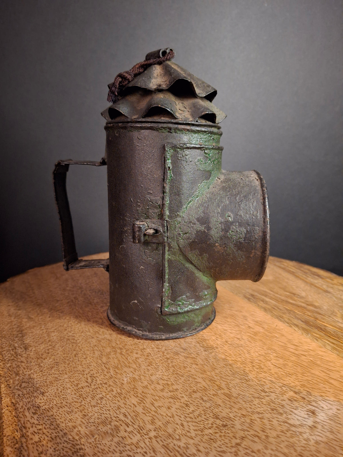 RARE Antique 19th Century Tin Bullseye Watchman Candle Lantern Crimped Green Paint Police Belt Lamp 7"