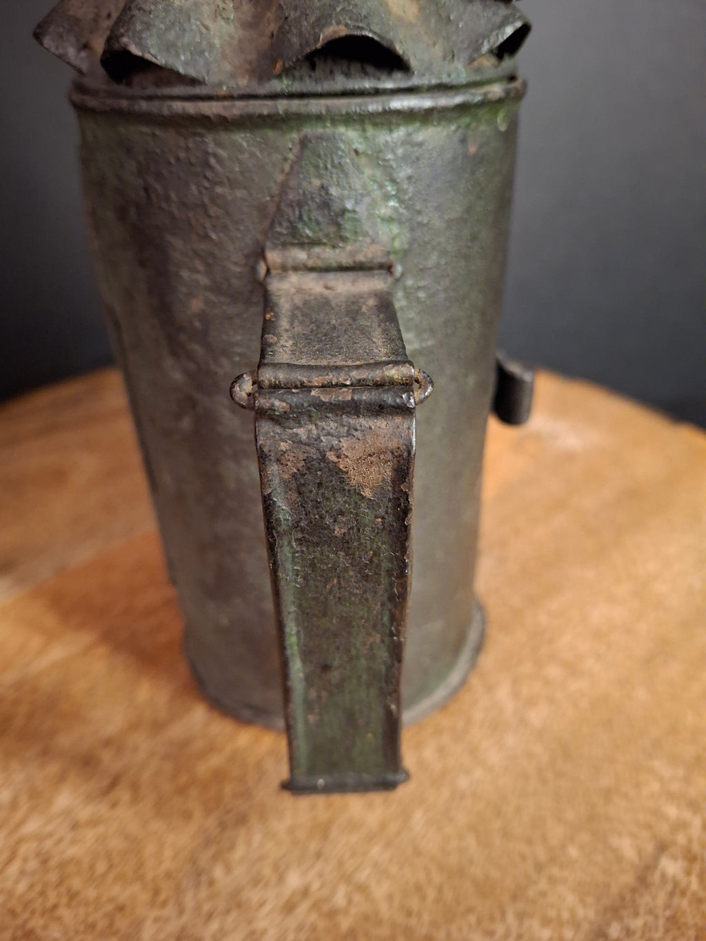 RARE Antique 19th Century Tin Bullseye Watchman Candle Lantern Crimped Green Paint Police Belt Lamp 7"