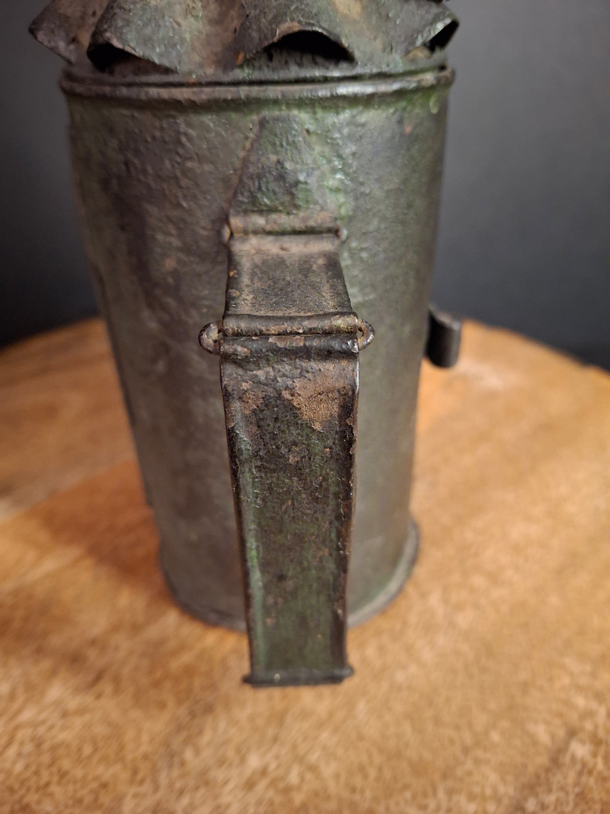 RARE Antique 19th Century Tin Bullseye Watchman Candle Lantern Crimped Green Paint Police Belt Lamp 7"