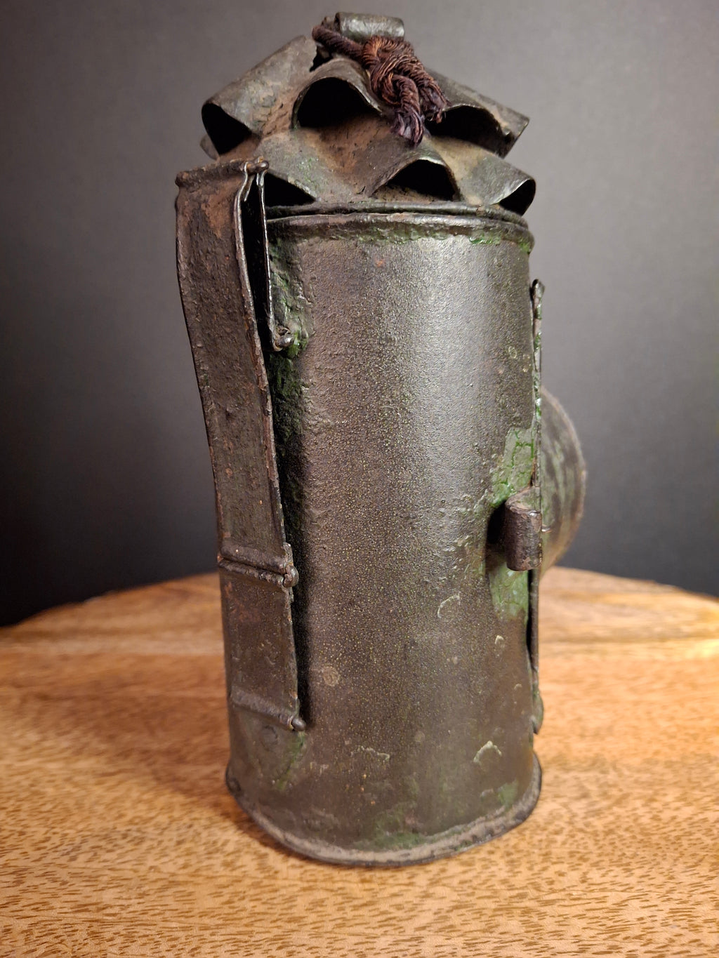RARE Antique 19th Century Tin Bullseye Watchman Candle Lantern Crimped Green Paint Police Belt Lamp 7"