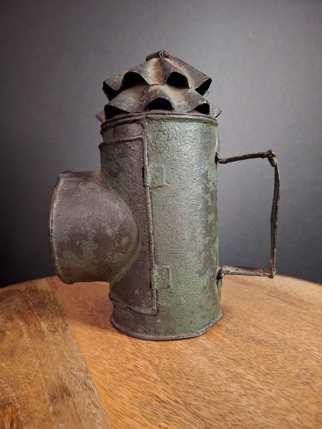 RARE Antique 19th Century Tin Bullseye Watchman Candle Lantern Crimped Green Paint Police Belt Lamp 7"