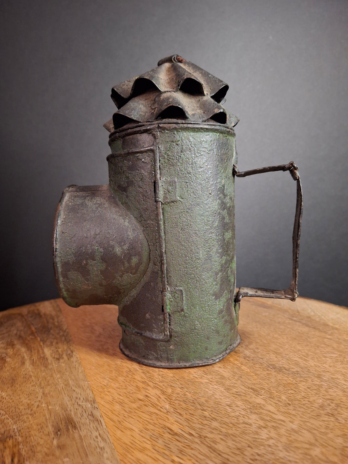 RARE Antique 19th Century Tin Bullseye Watchman Candle Lantern Crimped Green Paint Police Belt Lamp 7"