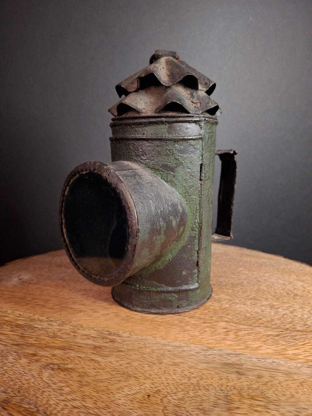 RARE Antique 19th Century Tin Bullseye Watchman Candle Lantern Crimped Green Paint Police Belt Lamp 7"