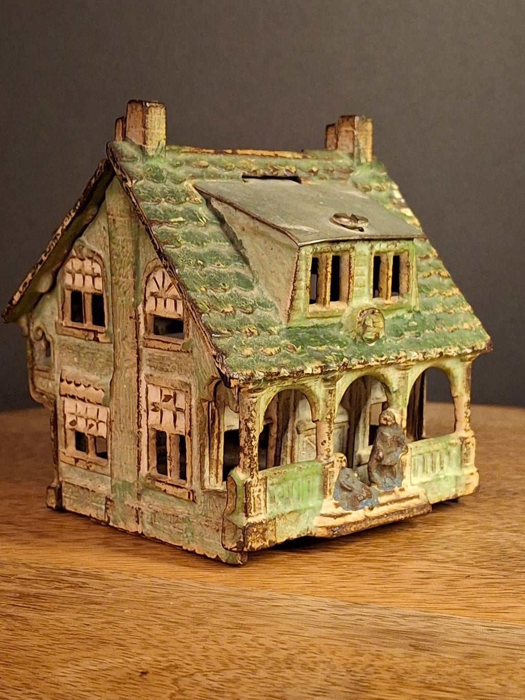 Antique AC Williams Cast Iron Colonial House Architectural Still Bank Porch Dormers circa 1920