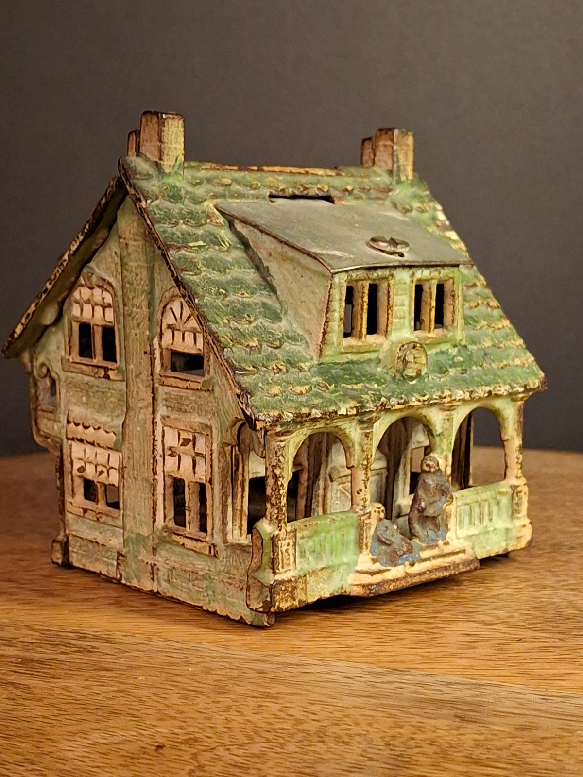 Antique AC Williams Cast Iron Colonial House Architectural Still Bank Porch Dormers circa 1920