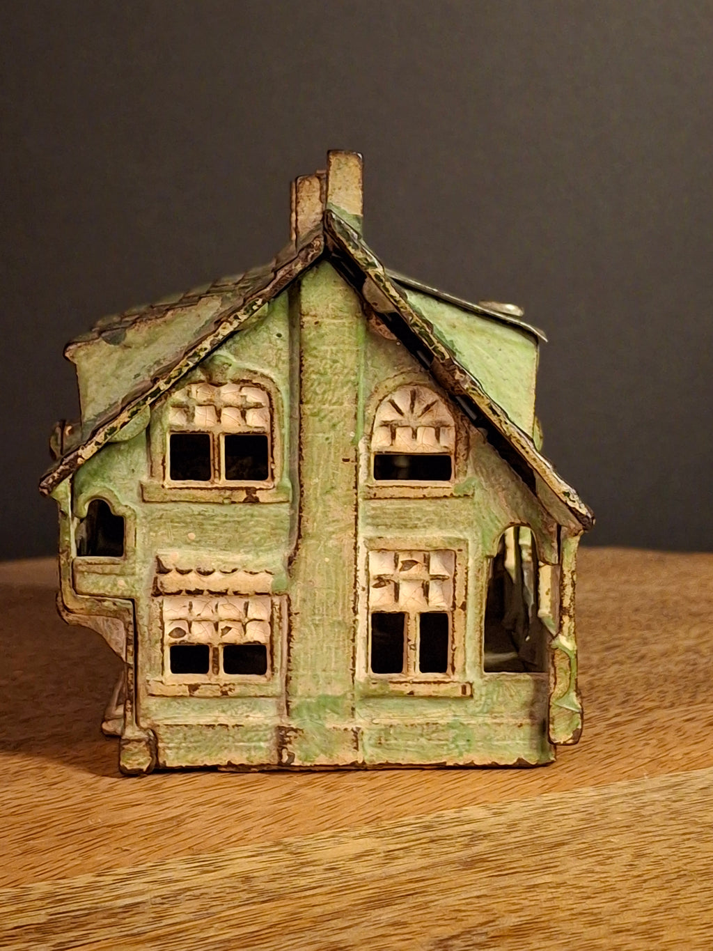 Antique AC Williams Cast Iron Colonial House Architectural Still Bank Porch Dormers circa 1920