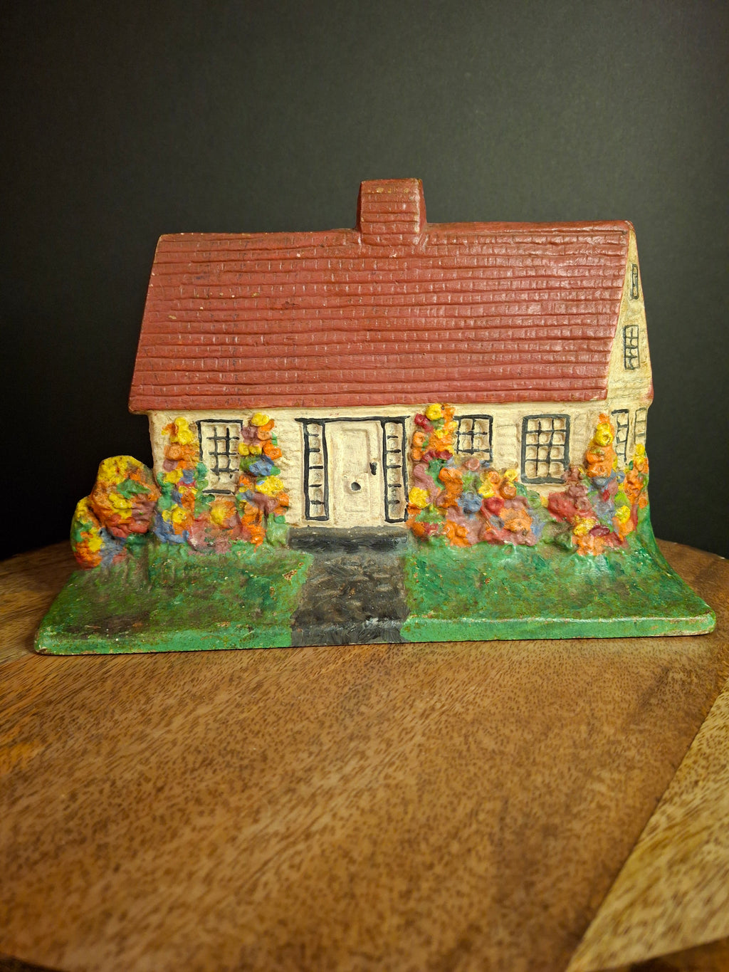 Antique Cast Iron Cottage Architectural Doorstop #90 National Foundry Cape Cod Hollyhocks 1920s