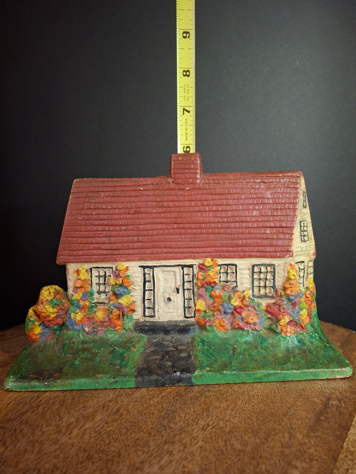 Antique Cast Iron Cottage Architectural Doorstop #90 National Foundry Cape Cod Hollyhocks 1920s
