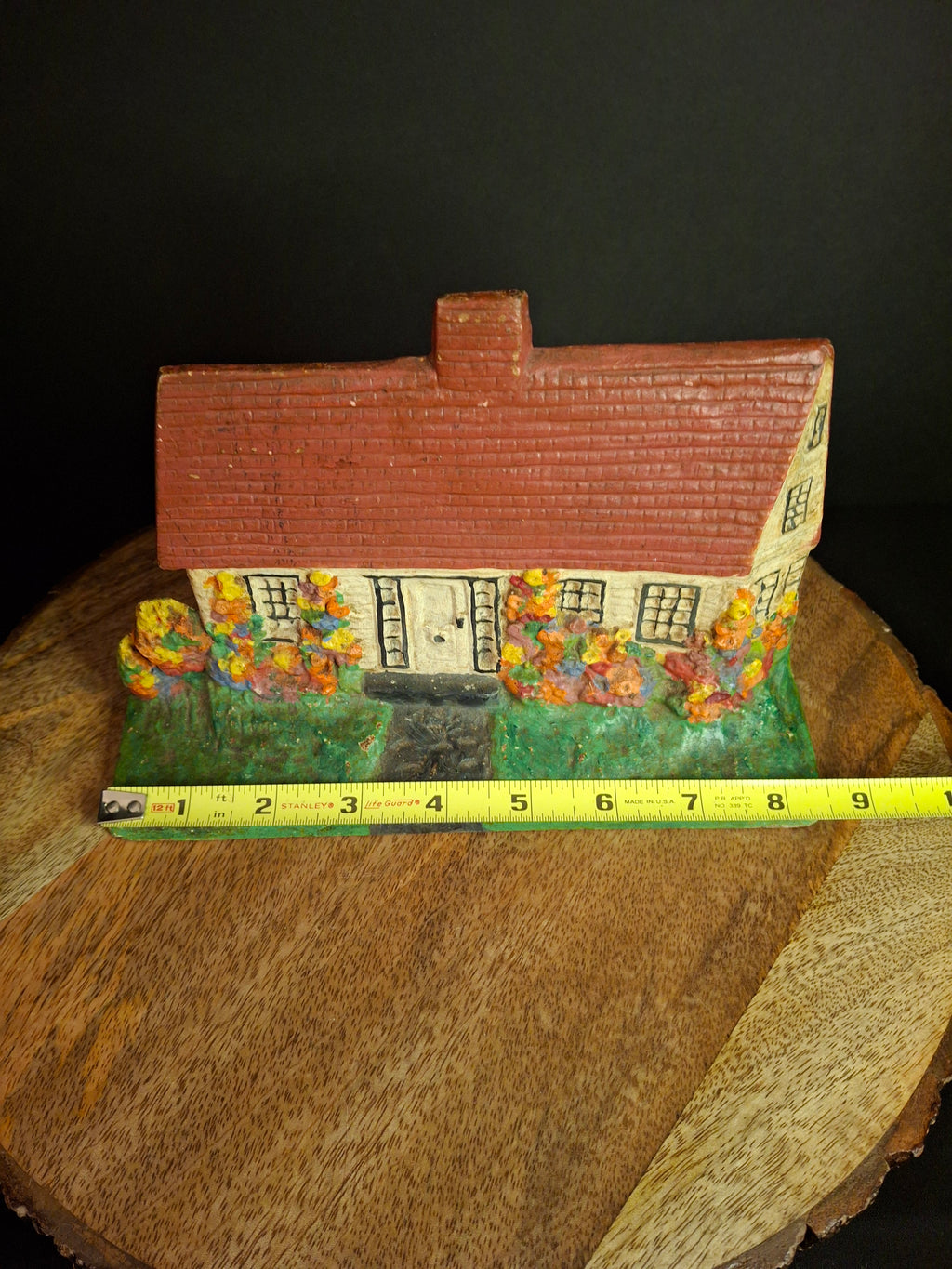 Antique Cast Iron Cottage Architectural Doorstop #90 National Foundry Cape Cod Hollyhocks 1920s