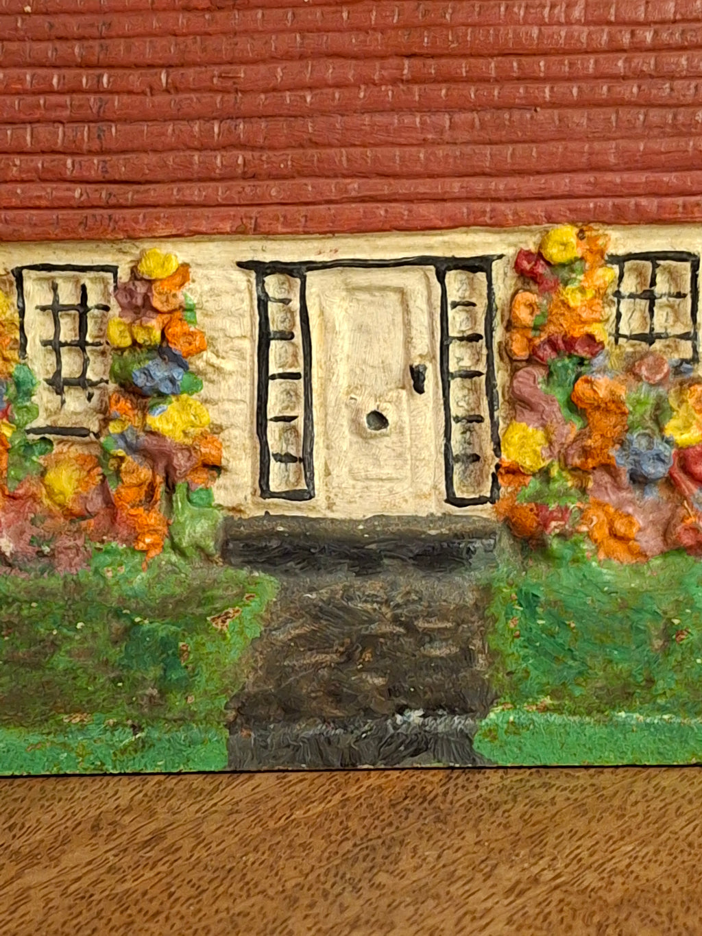 Antique Cast Iron Cottage Architectural Doorstop #90 National Foundry Cape Cod Hollyhocks 1920s