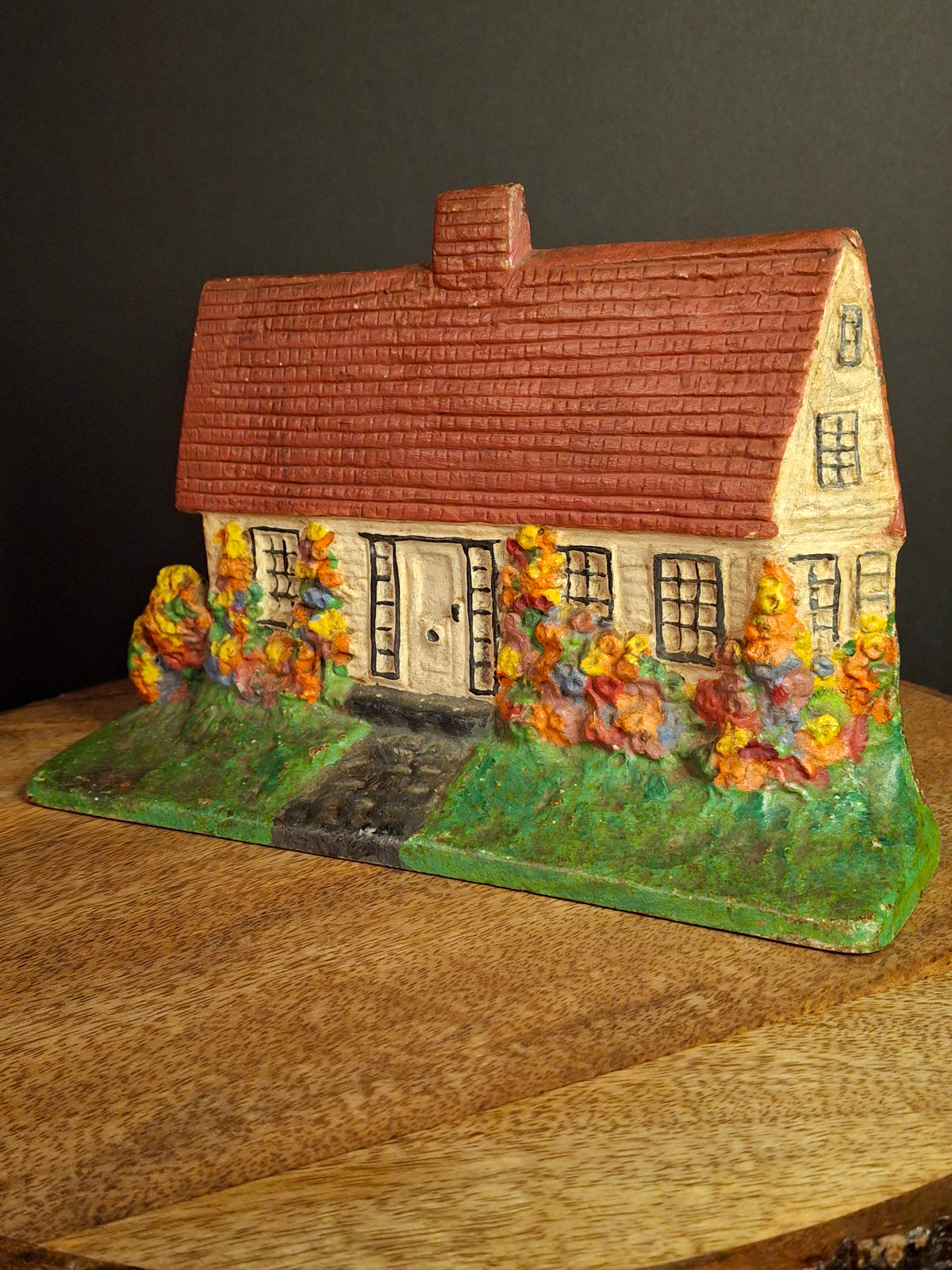 Antique Cast Iron Cottage Architectural Doorstop #90 National Foundry Cape Cod Hollyhocks 1920s