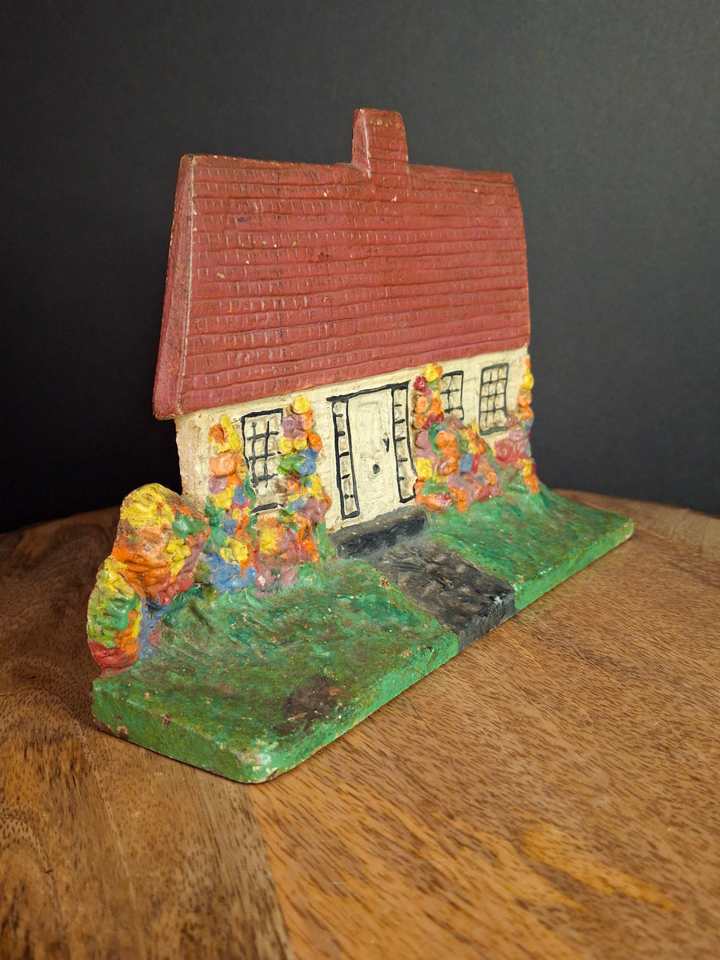Antique Cast Iron Cottage Architectural Doorstop #90 National Foundry Cape Cod Hollyhocks 1920s