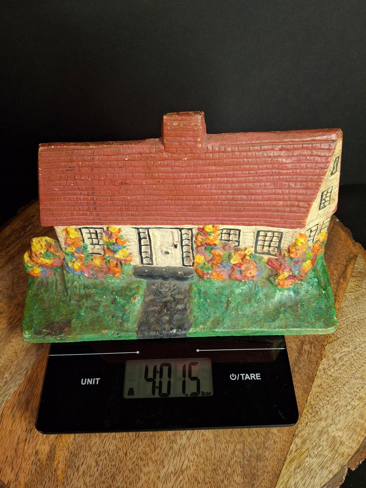 Antique Cast Iron Cottage Architectural Doorstop #90 National Foundry Cape Cod Hollyhocks 1920s