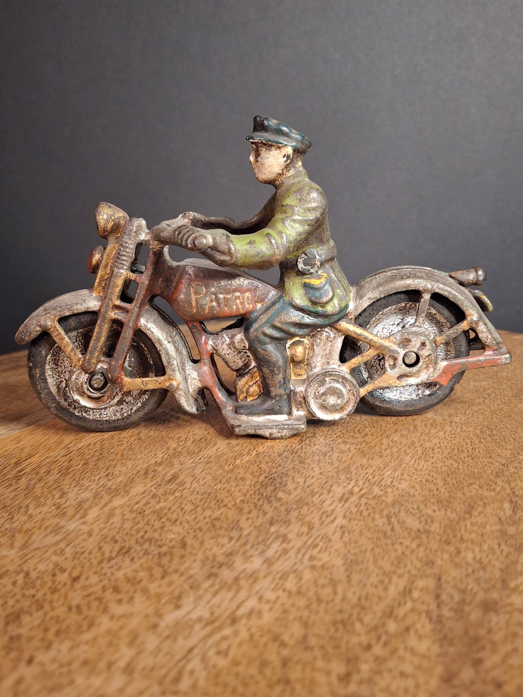 Antique 1930s Hubley Cast Iron Patrol Cop Police Motorcycle Toy | Green and Red Paint & Integral Officer Rider 6.25"