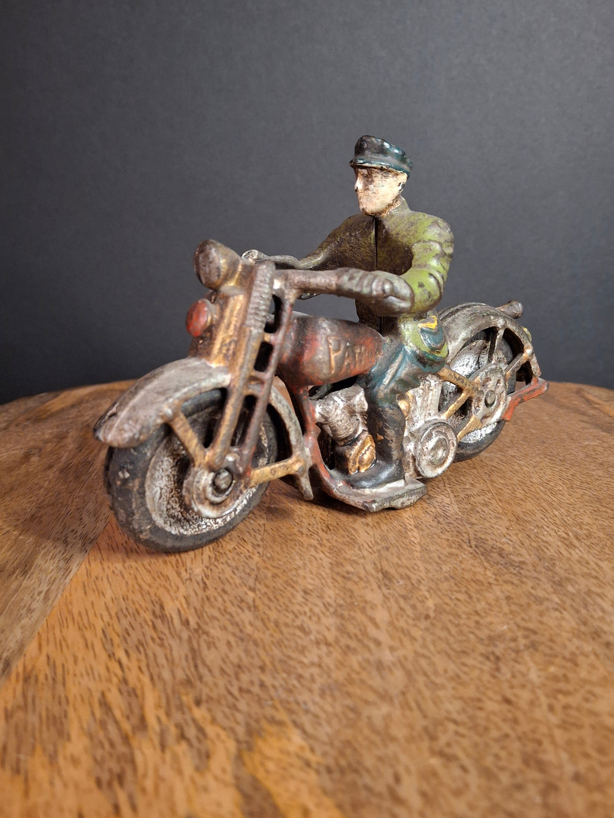 Antique 1930s Hubley Cast Iron Patrol Cop Police Motorcycle Toy | Green and Red Paint & Integral Officer Rider 6.25"