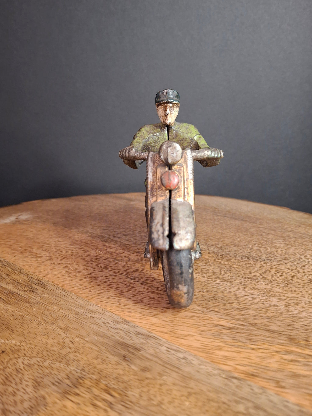 Antique 1930s Hubley Cast Iron Patrol Cop Police Motorcycle Toy | Green and Red Paint & Integral Officer Rider 6.25"