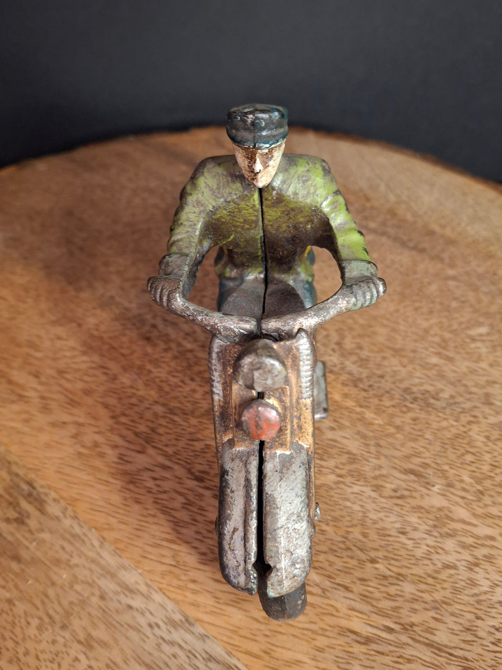 Antique 1930s Hubley Cast Iron Patrol Cop Police Motorcycle Toy | Green and Red Paint & Integral Officer Rider 6.25"