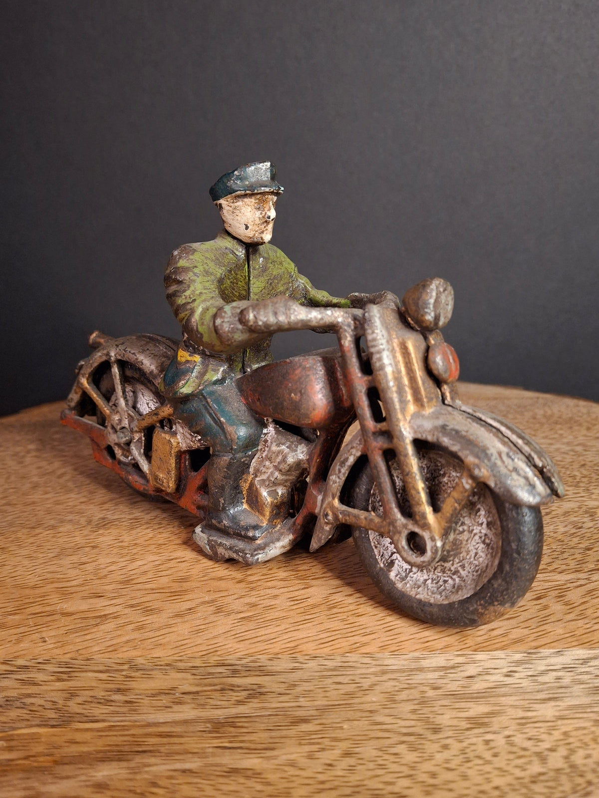 Antique 1930s Hubley Cast Iron Patrol Cop Police Motorcycle Toy | Green and Red Paint & Integral Officer Rider 6.25"