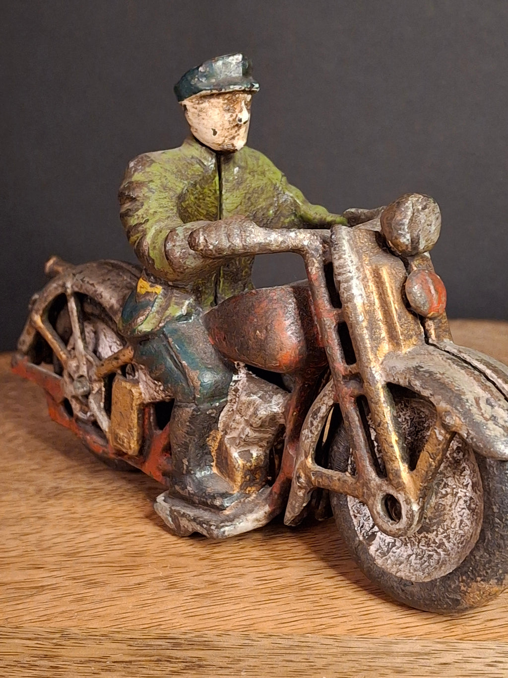 Antique 1930s Hubley Cast Iron Patrol Cop Police Motorcycle Toy | Green and Red Paint & Integral Officer Rider 6.25"