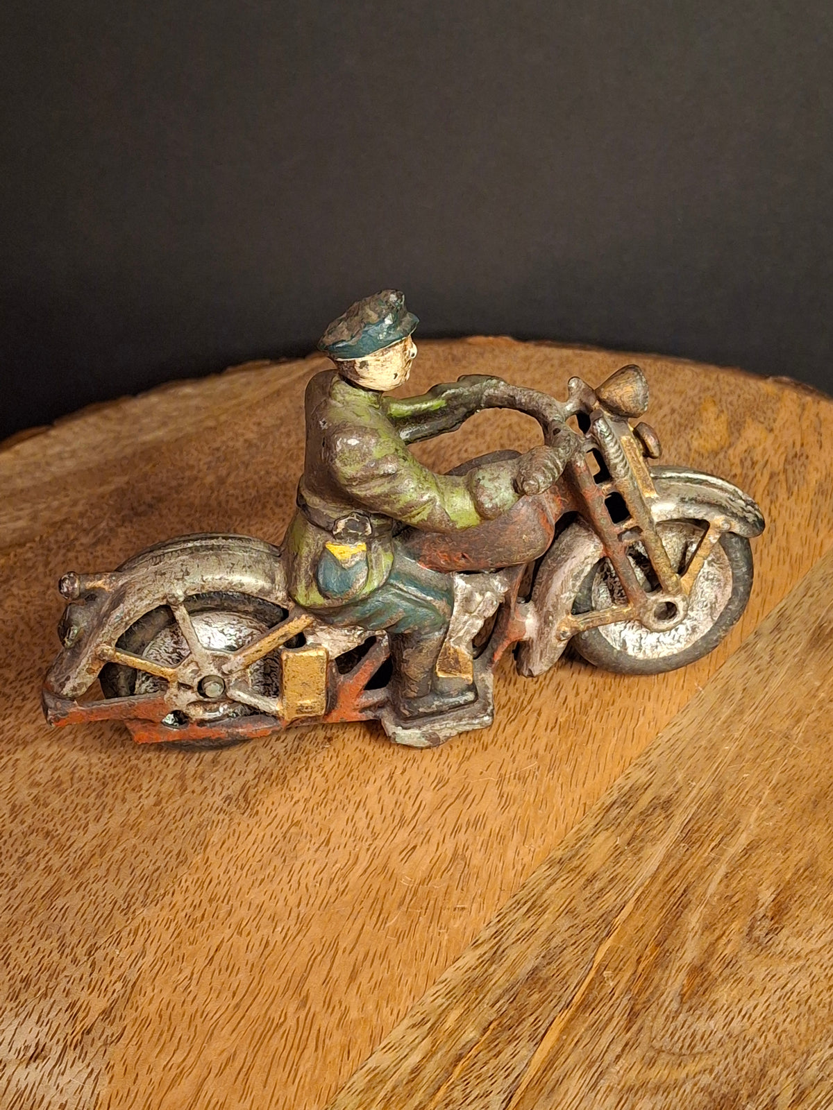 Antique 1930s Hubley Cast Iron Patrol Cop Police Motorcycle Toy | Green and Red Paint & Integral Officer Rider 6.25"