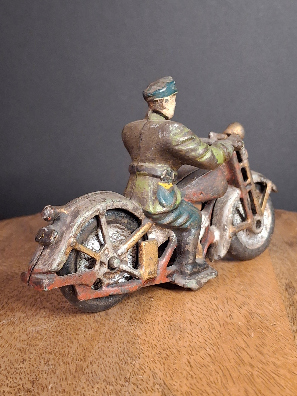 Antique 1930s Hubley Cast Iron Patrol Cop Police Motorcycle Toy | Green and Red Paint & Integral Officer Rider 6.25"
