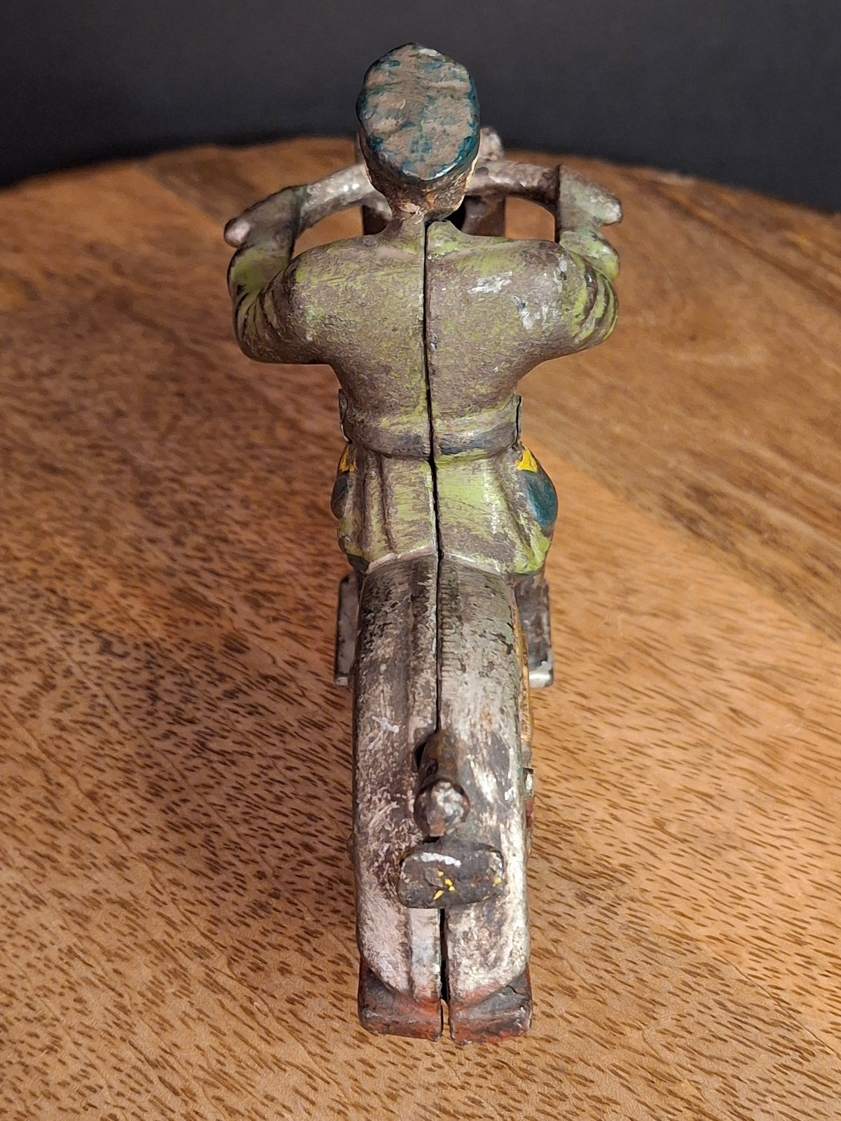 Antique 1930s Hubley Cast Iron Patrol Cop Police Motorcycle Toy | Green and Red Paint & Integral Officer Rider 6.25"