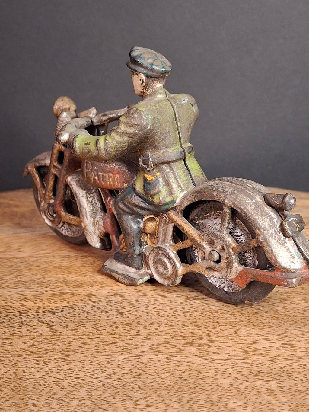 Antique 1930s Hubley Cast Iron Patrol Cop Police Motorcycle Toy | Green and Red Paint & Integral Officer Rider 6.25"