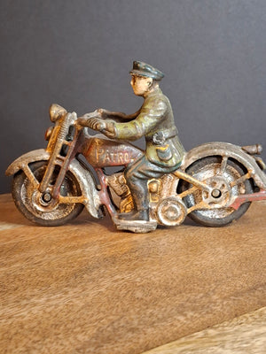 Antique 1930s Hubley Cast Iron Patrol Cop Police Motorcycle Toy | Green and Red Paint & Integral Officer Rider 6.25"
