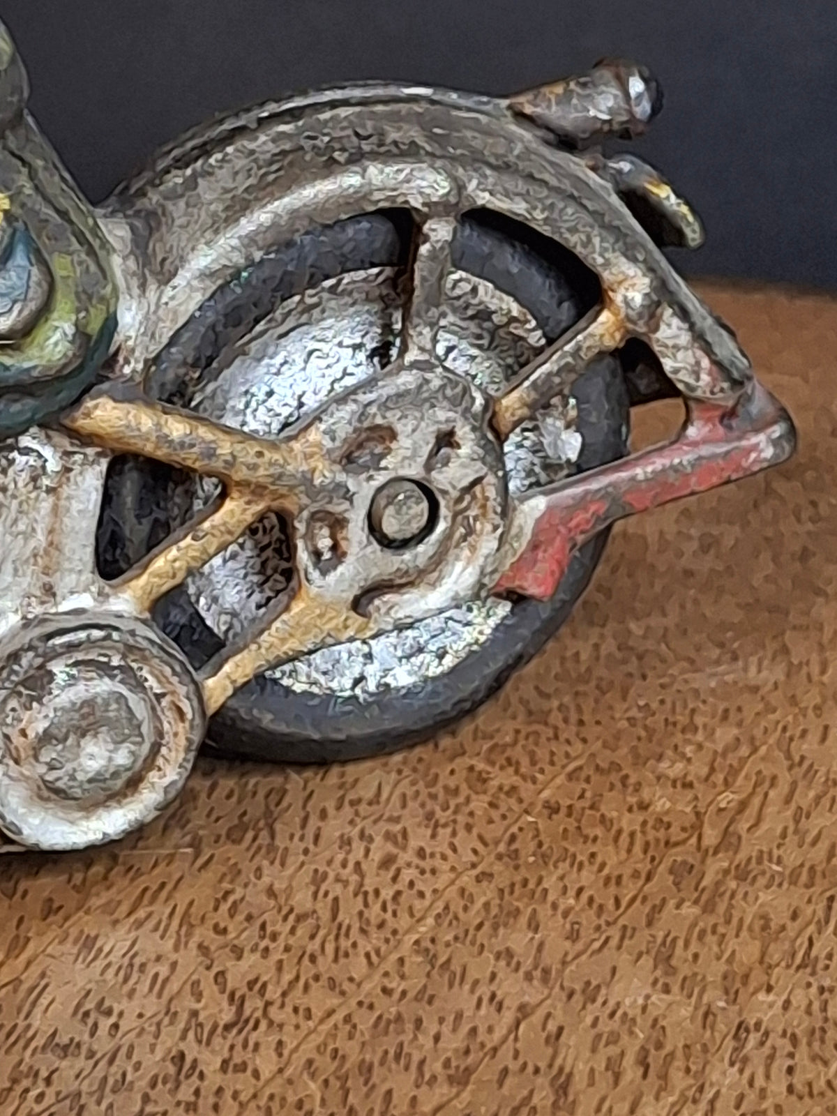 Antique 1930s Hubley Cast Iron Patrol Cop Police Motorcycle Toy | Green and Red Paint & Integral Officer Rider 6.25"