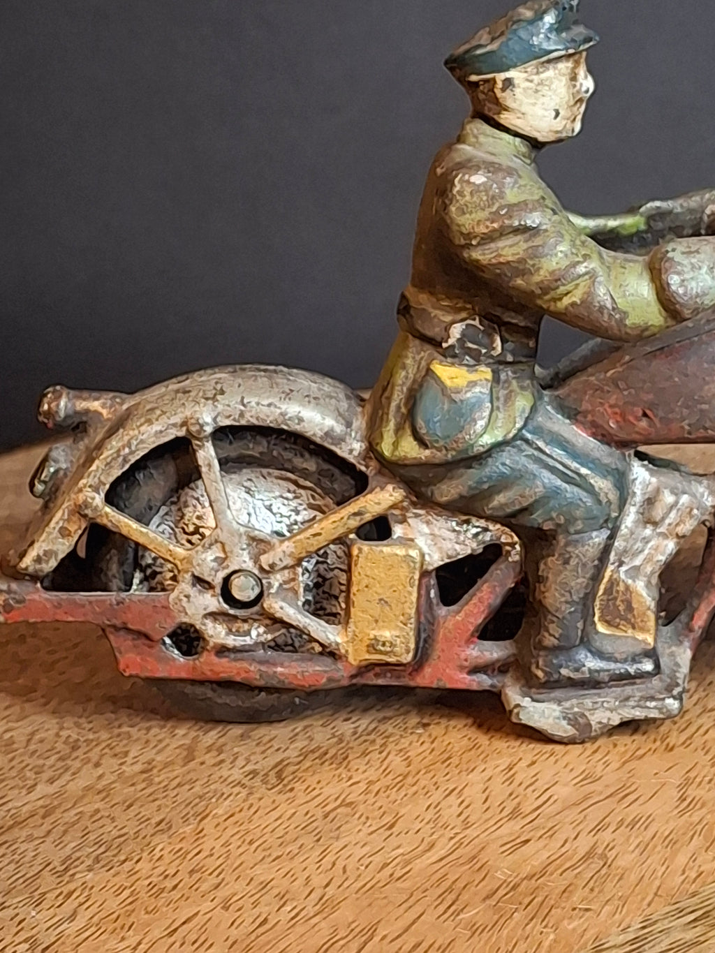 Antique 1930s Hubley Cast Iron Patrol Cop Police Motorcycle Toy | Green and Red Paint & Integral Officer Rider 6.25"
