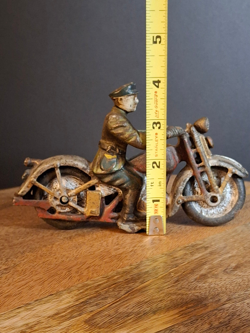 Antique 1930s Hubley Cast Iron Patrol Cop Police Motorcycle Toy | Green and Red Paint & Integral Officer Rider 6.25"