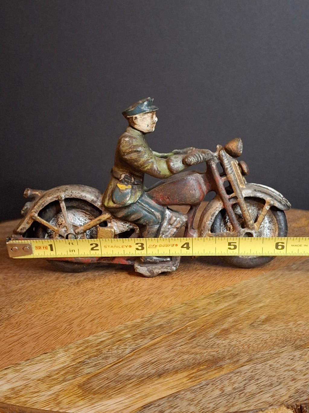 Antique 1930s Hubley Cast Iron Patrol Cop Police Motorcycle Toy | Green and Red Paint & Integral Officer Rider 6.25"