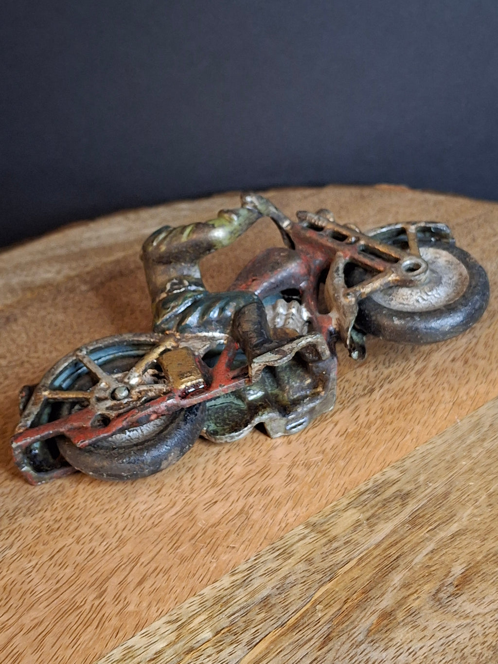 Antique 1930s Hubley Cast Iron Patrol Cop Police Motorcycle Toy | Green and Red Paint & Integral Officer Rider 6.25"