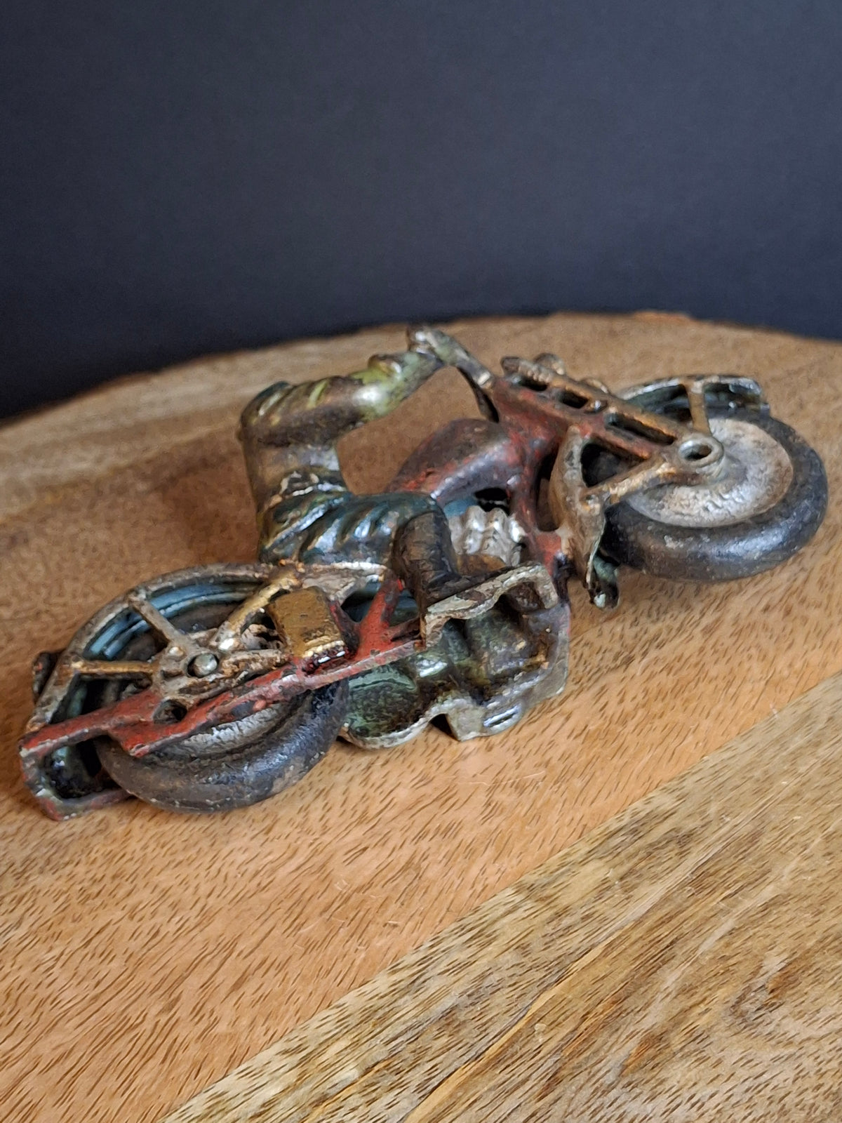 Antique 1930s Hubley Cast Iron Patrol Cop Police Motorcycle Toy | Green and Red Paint & Integral Officer Rider 6.25"