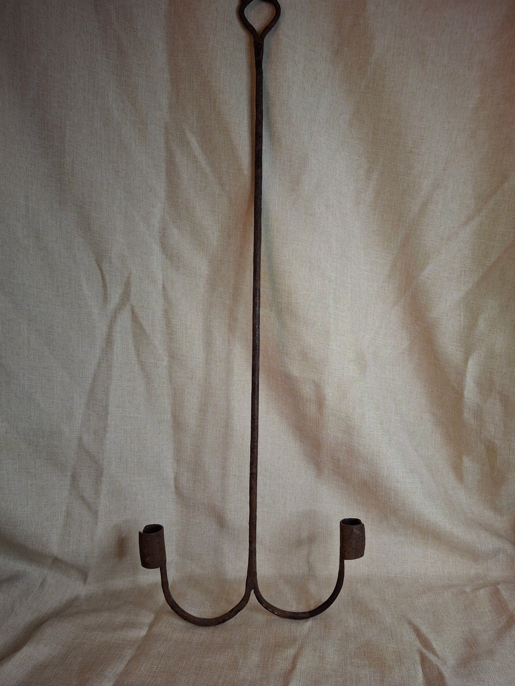 18th Century Hand Forged Wrought Iron Hanging Double Candle Holder Loom Light Heart Top