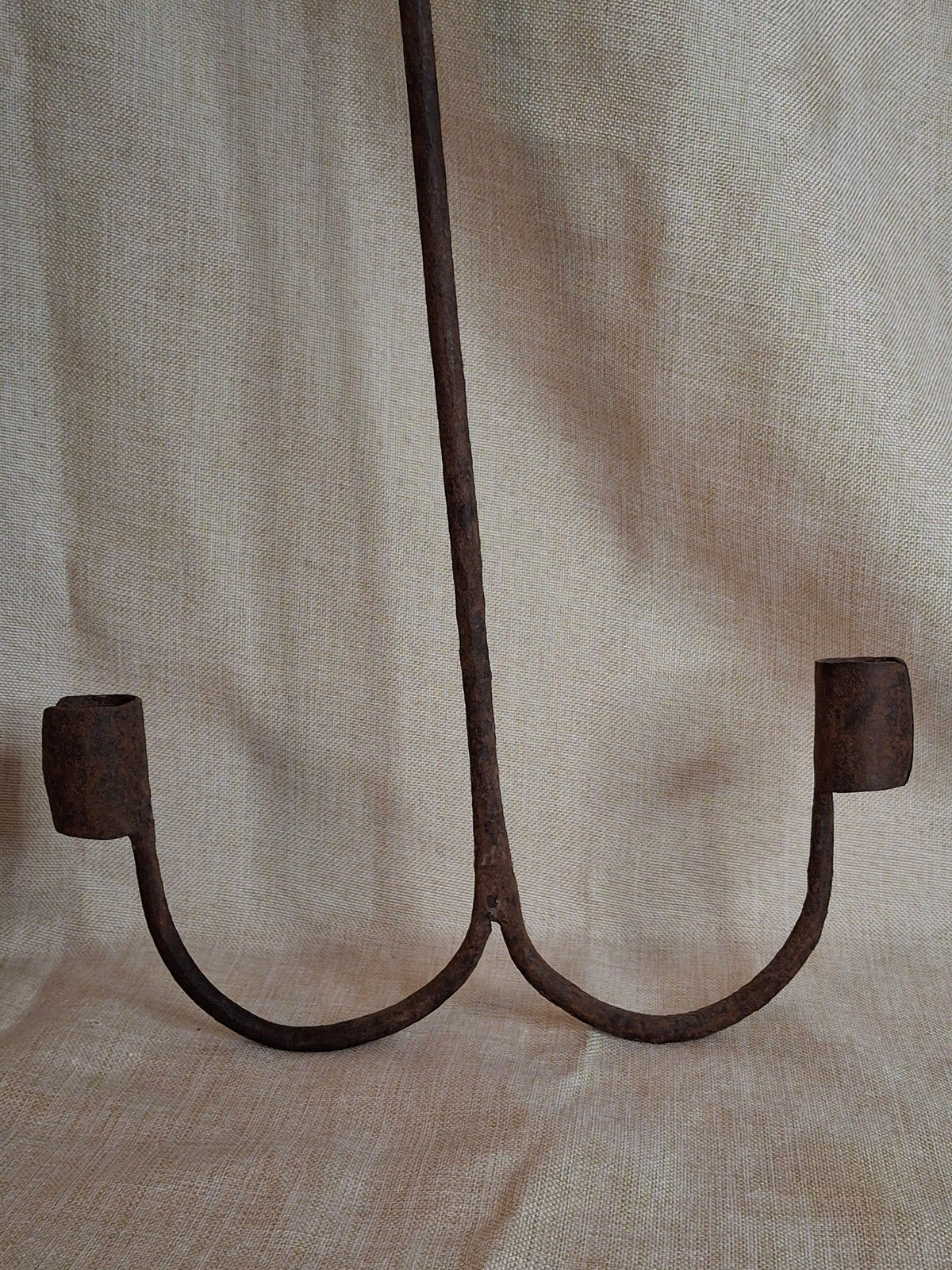 18th Century Hand Forged Wrought Iron Hanging Double Candle Holder Loom Light Heart Top