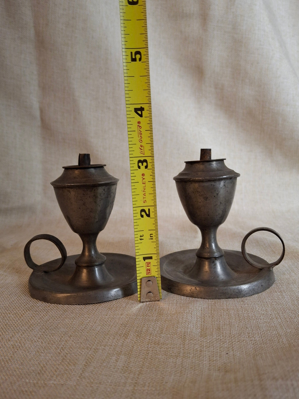 Pair Antique Miniature Pewter Whale Oil Finger Lamps Single Tube Burners c. 1830-1850
